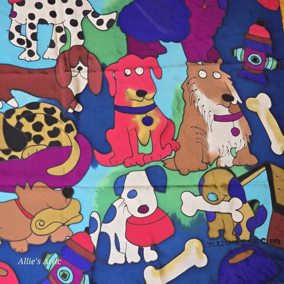 Silkscapes Vintage 90s Hand Painted Scarf Vibrant Rainbow Dogs Lover 100% Silk - Picture 4 of 7